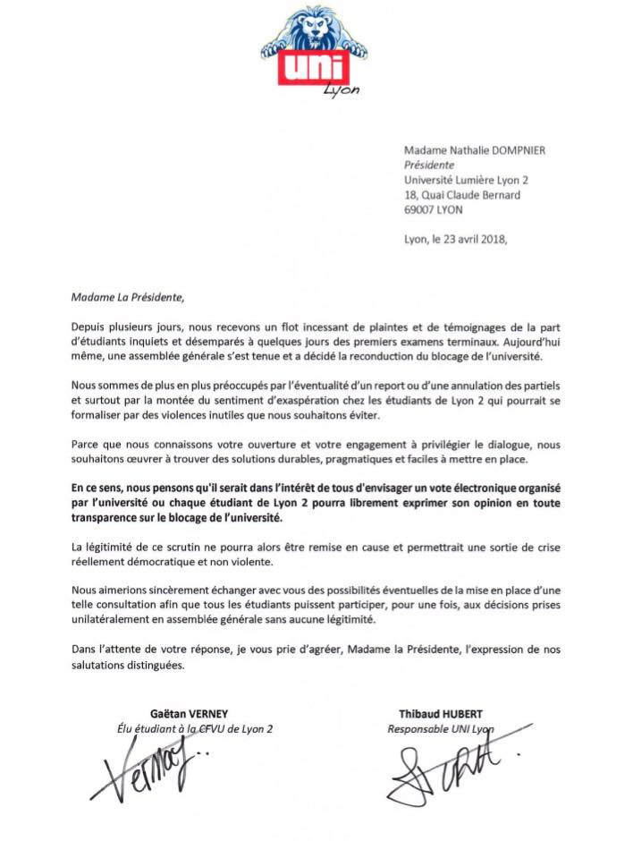 Image Lettre au président de Lyon 2 pour demander le déblocage !