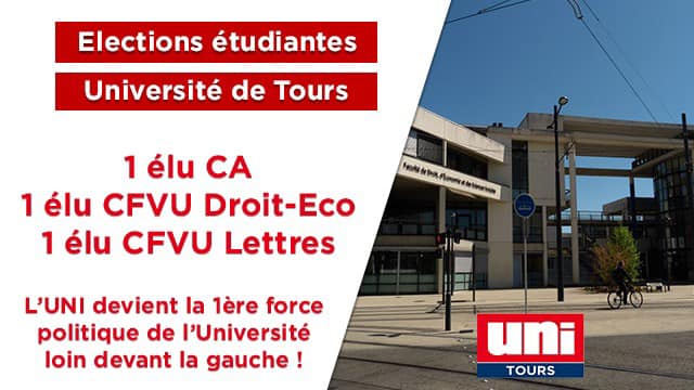 Image Résultats des élections étudiantes : l’UNI Tours bat l’UNEF et l’extrême-gauche !