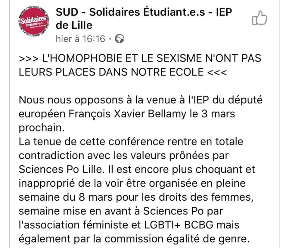 Image L’extrême-gauche tente encore de censurer une conférence avec Bellamy à Science Po Lille