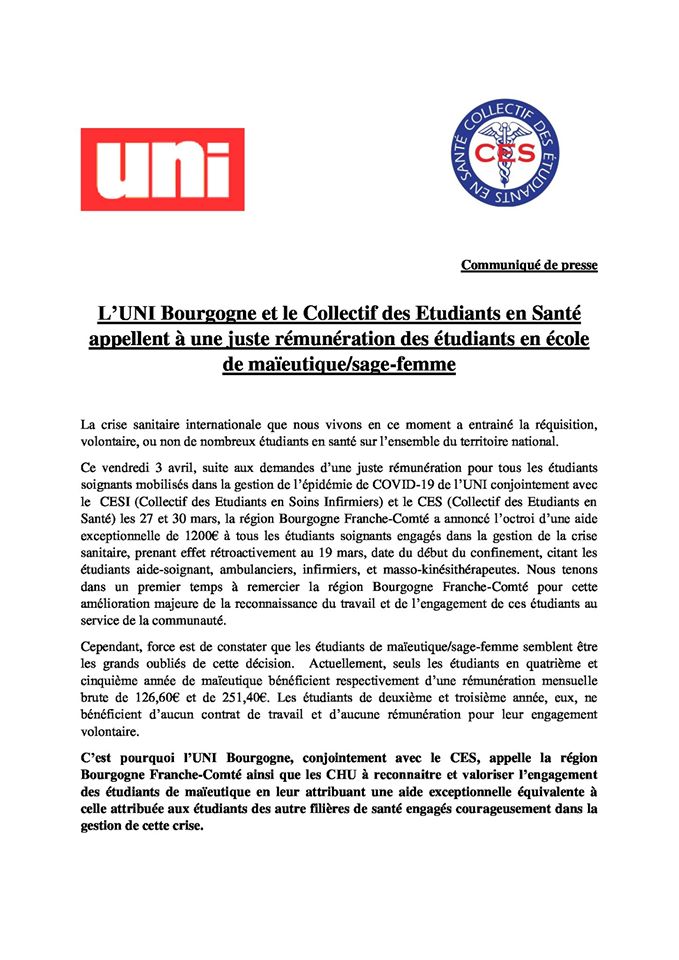 Image L’UNI Franche-Comté demande une rémunération pour les étudiants en maïeutique mobilisés face au COVID-19