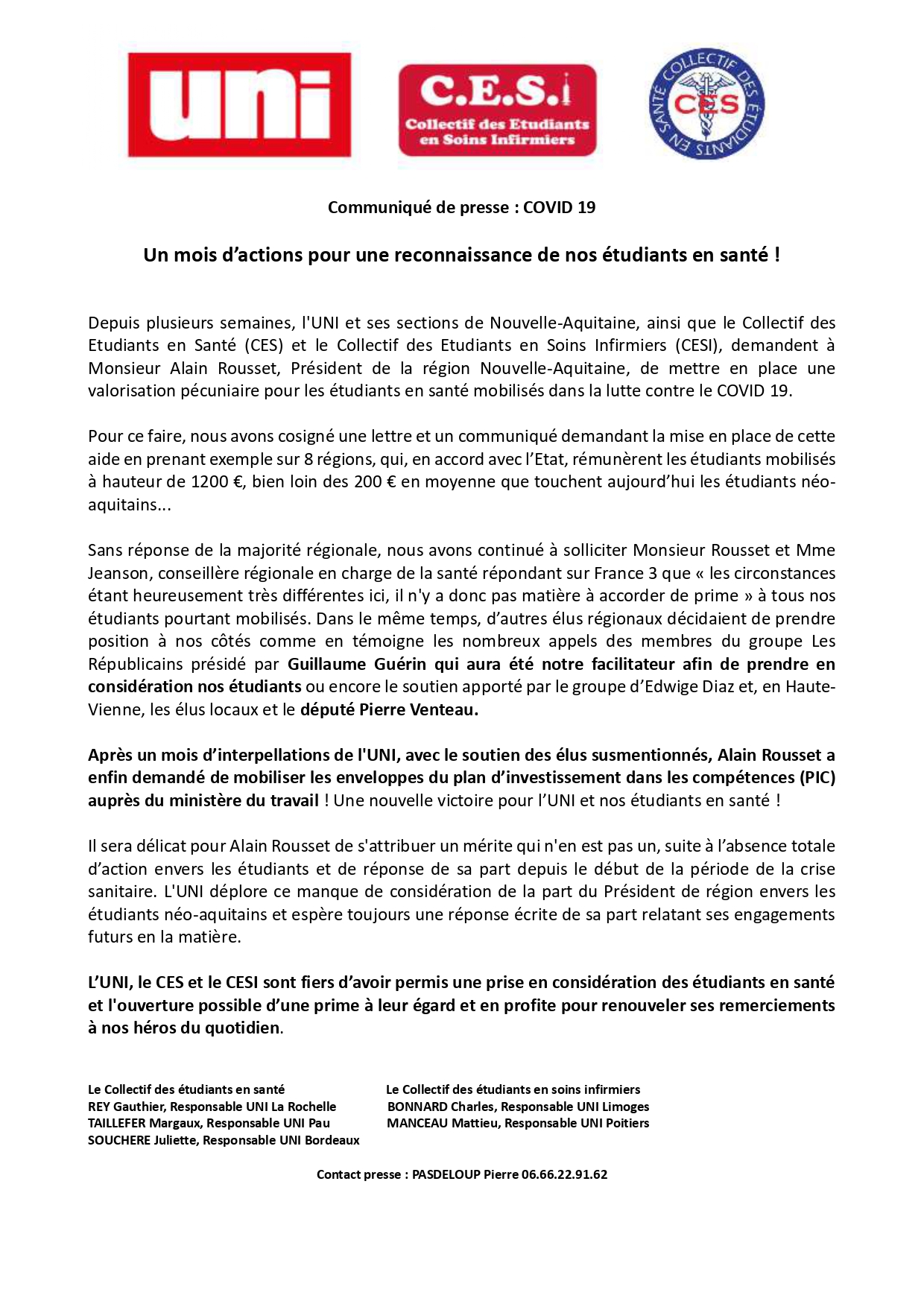 Image L’UNI NOUVELLE-AQUITAINE OBTIENT LA RÉMUNÉRATION POUR LES ÉTUDIANTS INFIRMIERS MOBILISÉS CONTRE LE COVID-19 !