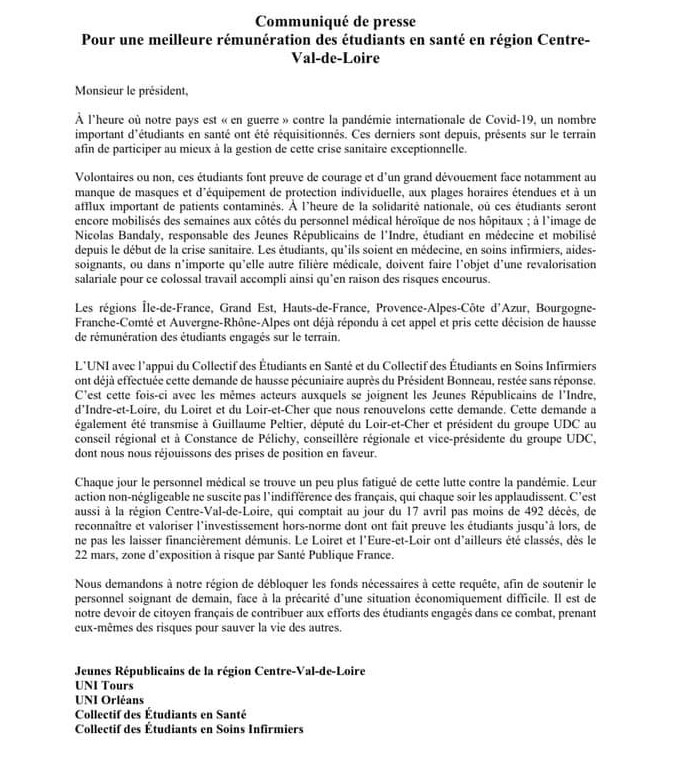 Image L’UNI CENTRE-VAL DE LOIRE OBTIENT LA RÉMUNÉRATION POUR LES ÉTUDIANTS INFIRMIERS MOBILISÉS CONTRE LE COVID-19 !