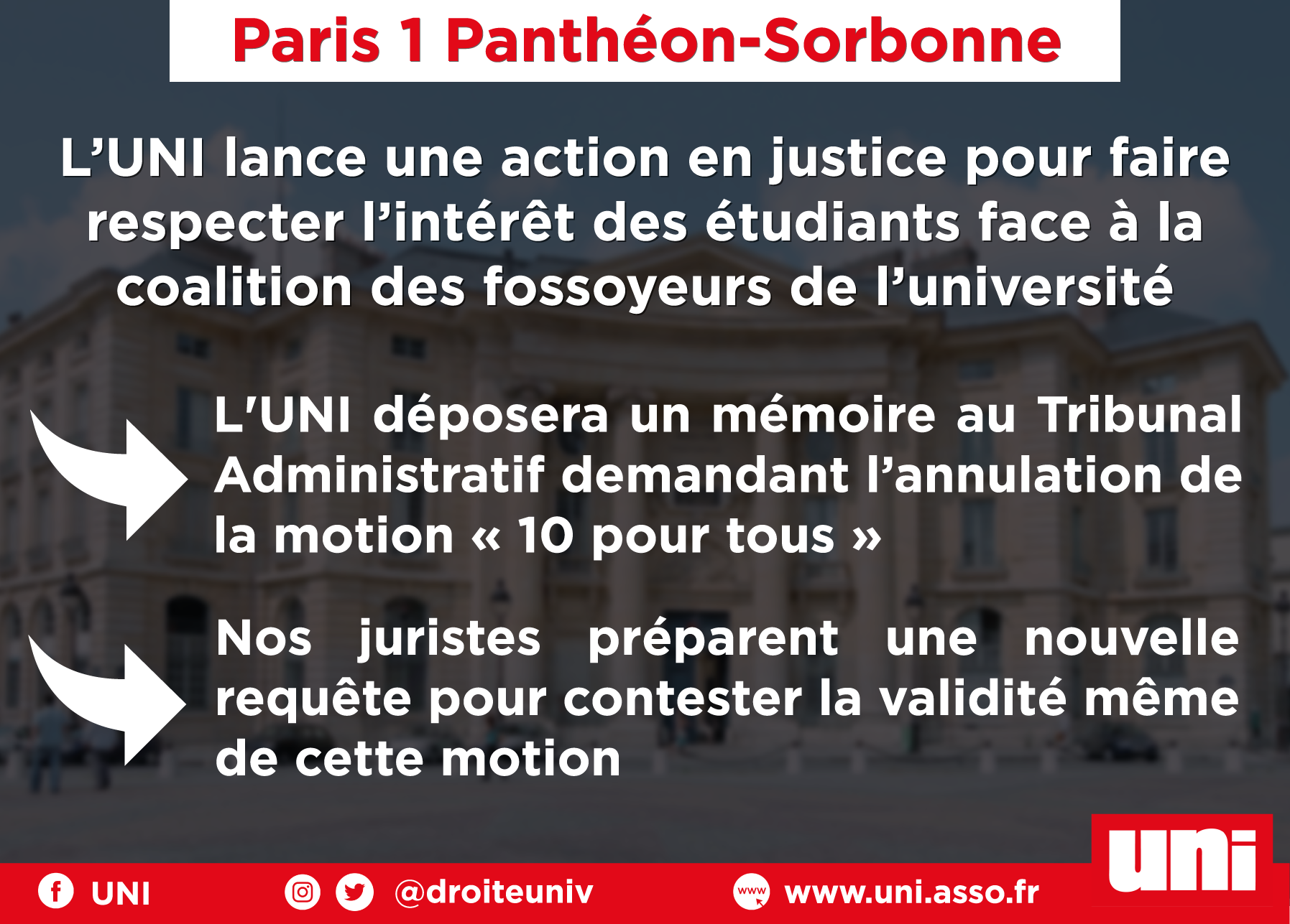 Image Paris 1 Panthéon-Sorbonne : les étudiants et le mérite sacrifiés, l’UNI lance une action en justice pour faire respecter l’intérêt des étudiants