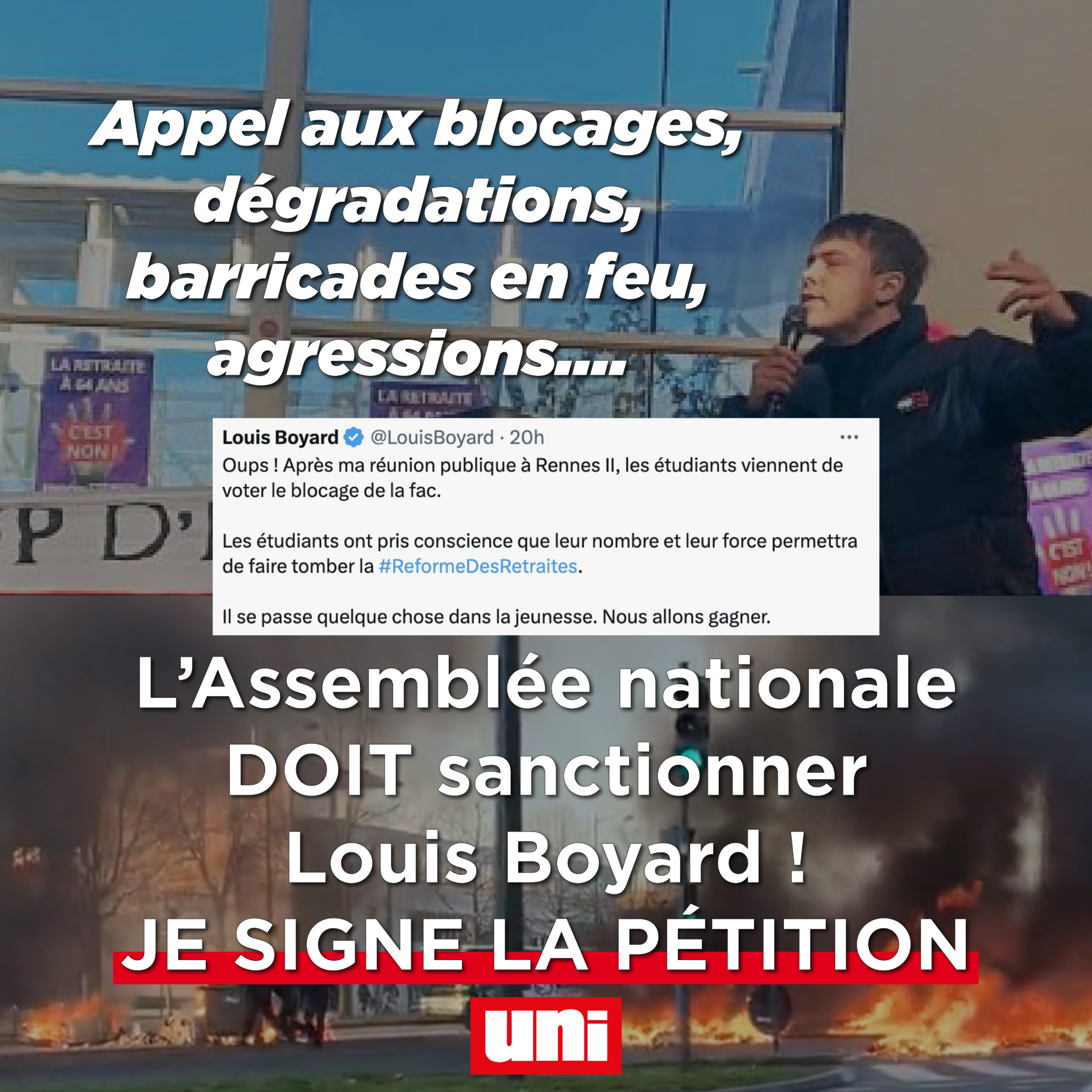Image Pétition : l’Assemblée nationale doit sanctionner le député Louis Boyard et ses appels aux blocages des facs et des lycées !