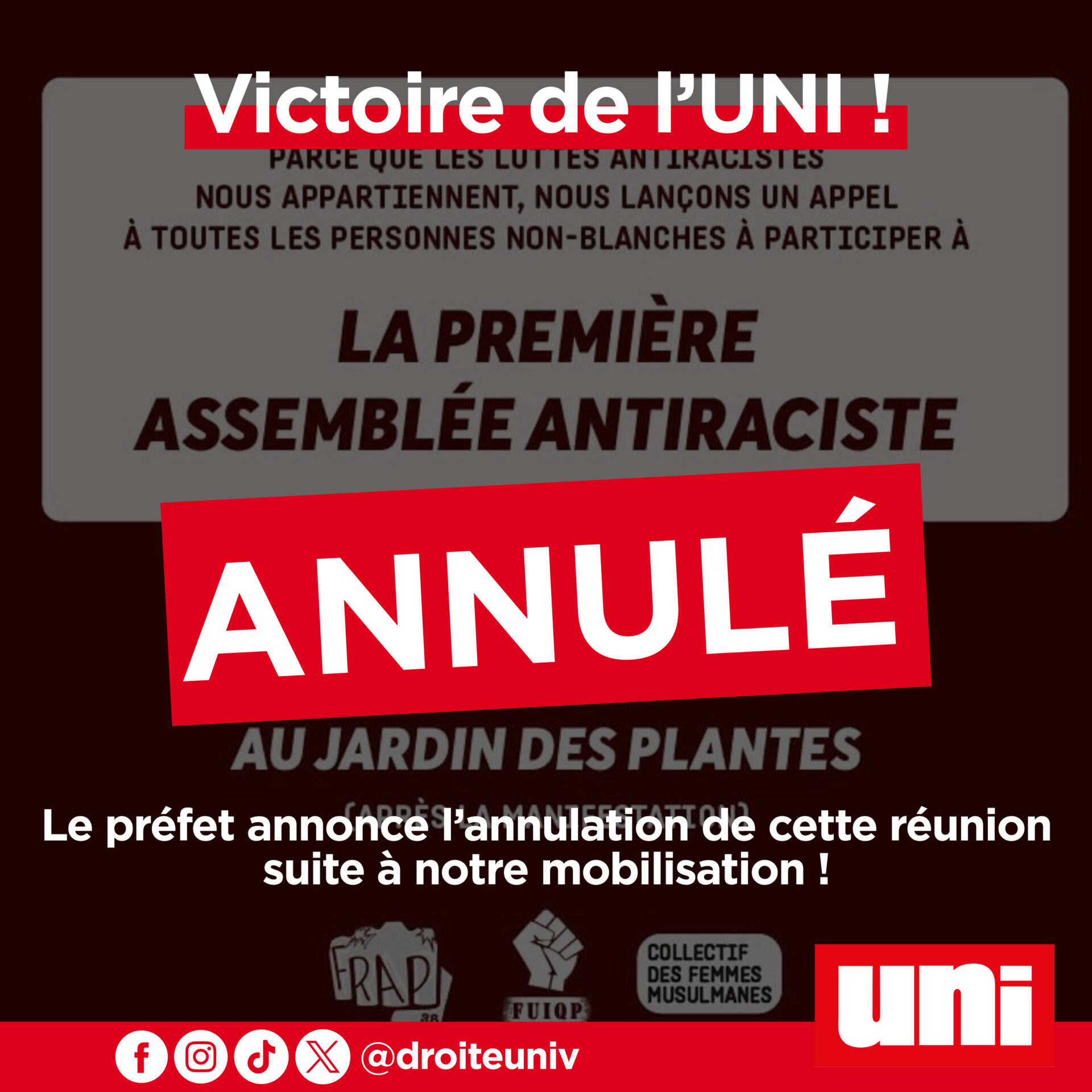 Image Victoire de l’UNI qui obtient l’annulation d’une manifestation interdite aux blancs !