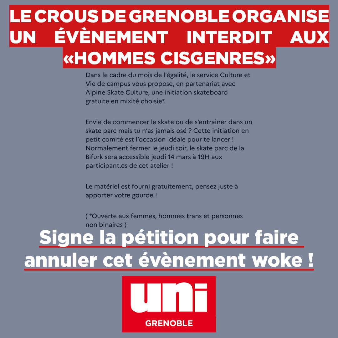Image L’UNI demande l’annulation d’un évènement interdit aux hommes organisé par le Crous de Grenoble !