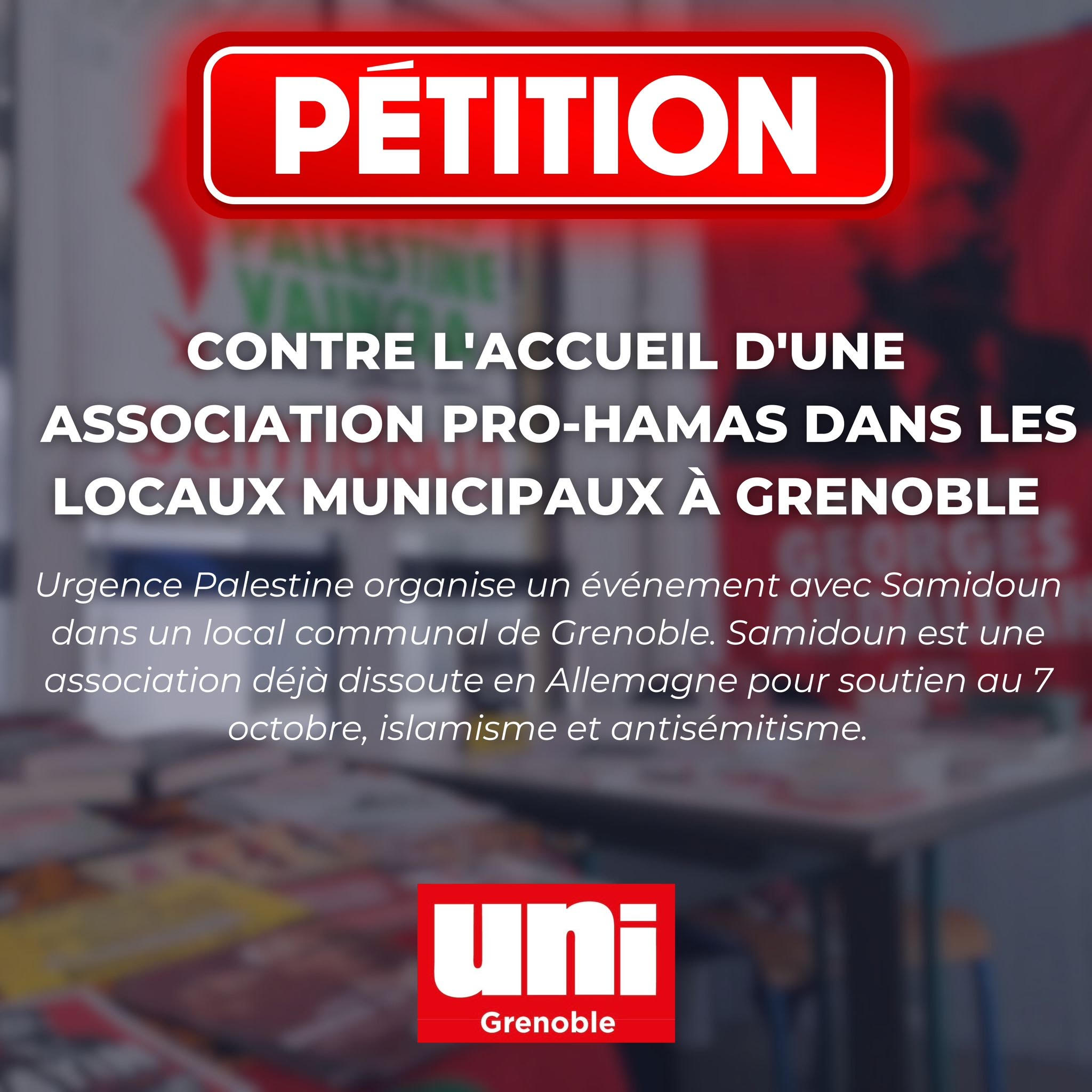 Image L’UNI lance une pétition contre l’attribution d’une salle communale de Grenoble à une association pro-terroristes