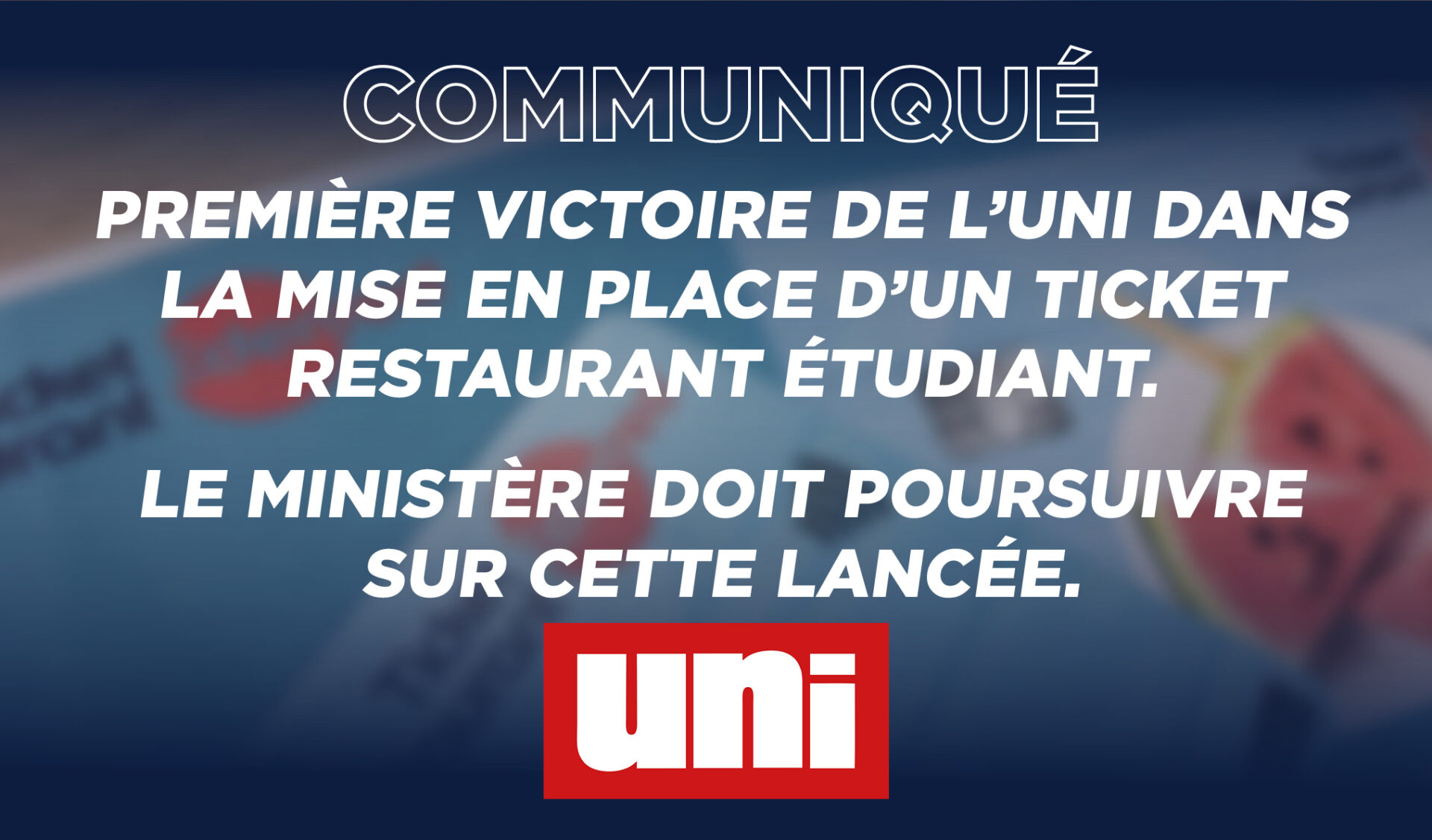 Image Première victoire de l’UNI dans la mise en place d’un ticket restaurant étudiant. Le ministère doit poursuivre sur cette lancée.