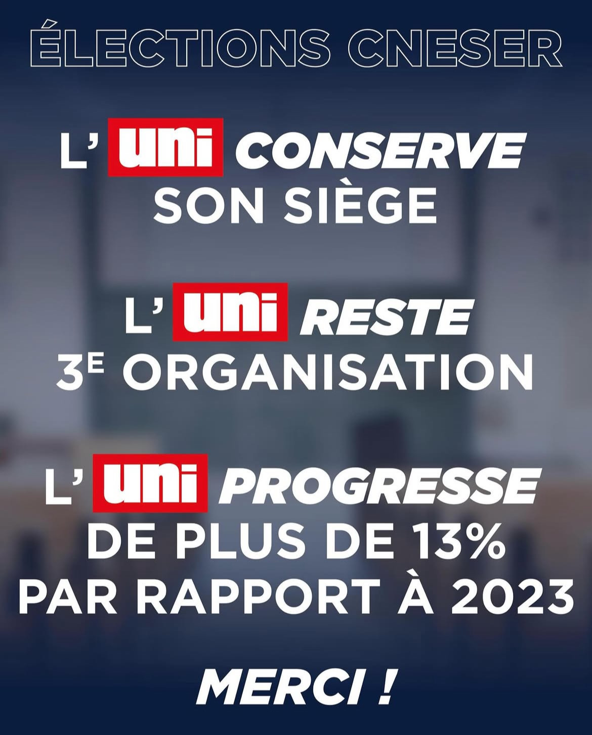 Image RÉSULTATS CNESER : L’UNI PROGRESSE ET CONFIRME SA PLACE DE 3ÉME ORGANISATION ÉTUDIANTE